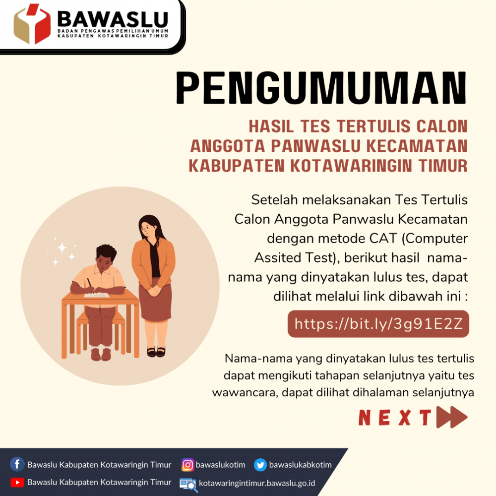PENGUMUMAN HASIL TES TERTULIS CALON ANGGOTA PANWASLU KECAMATAN KABUPATEN KOTAWARINGIN TIMUR