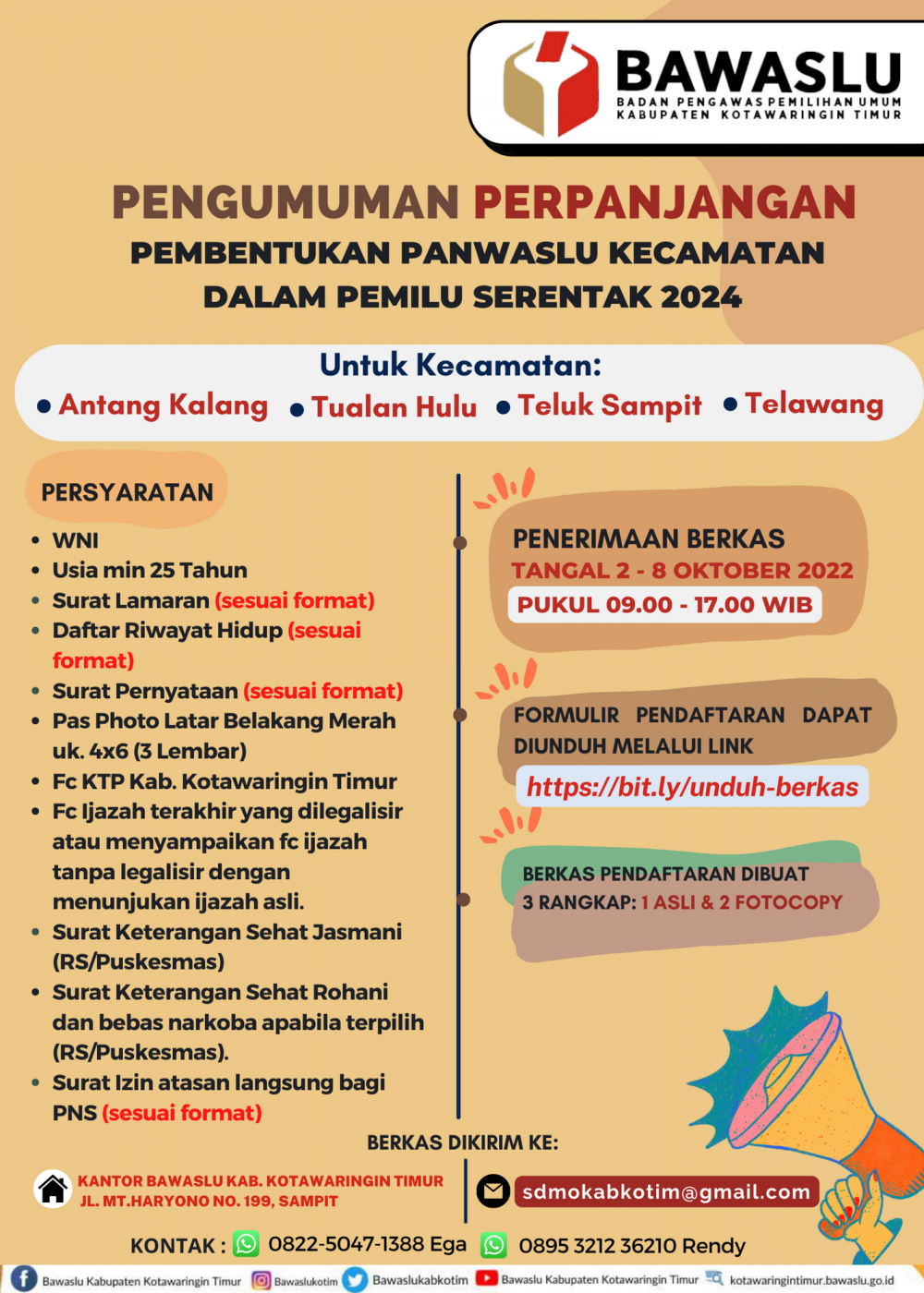 PENGUMUMAN PERPANJANGAN PENDAFTARAN PANWASLU KECAMATAN KABUPATEN KOTAWARINGIN TIMUR